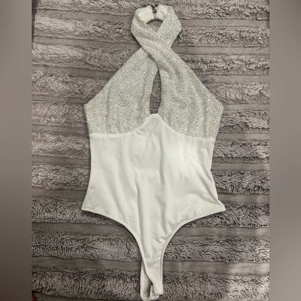 White Sequin Halter Bodysuit